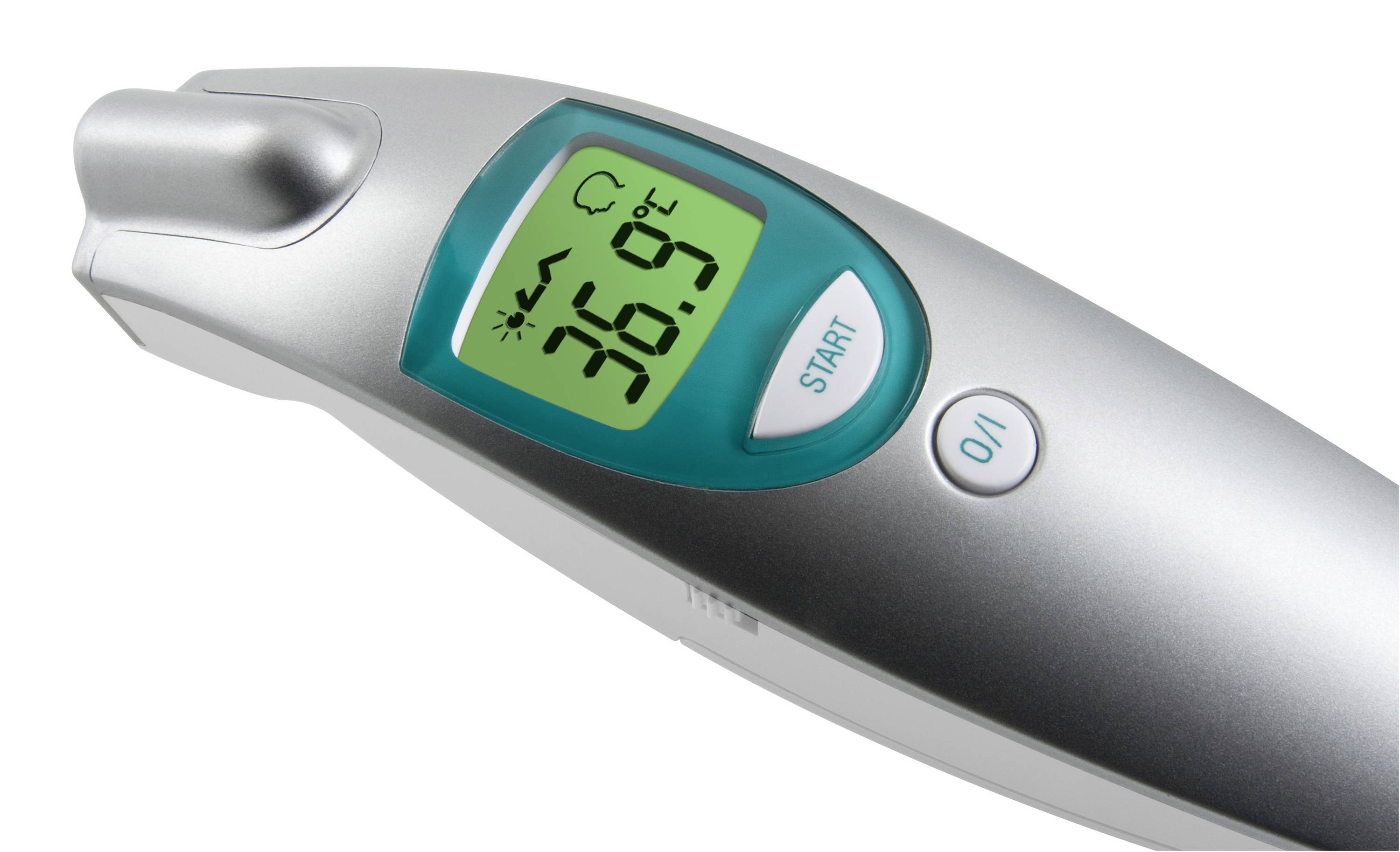 Digitale oorthermometer close-up met weergave van '36,9 °C'. Een startknop en een aan-/uitschakelaar zijn zichtbaar.