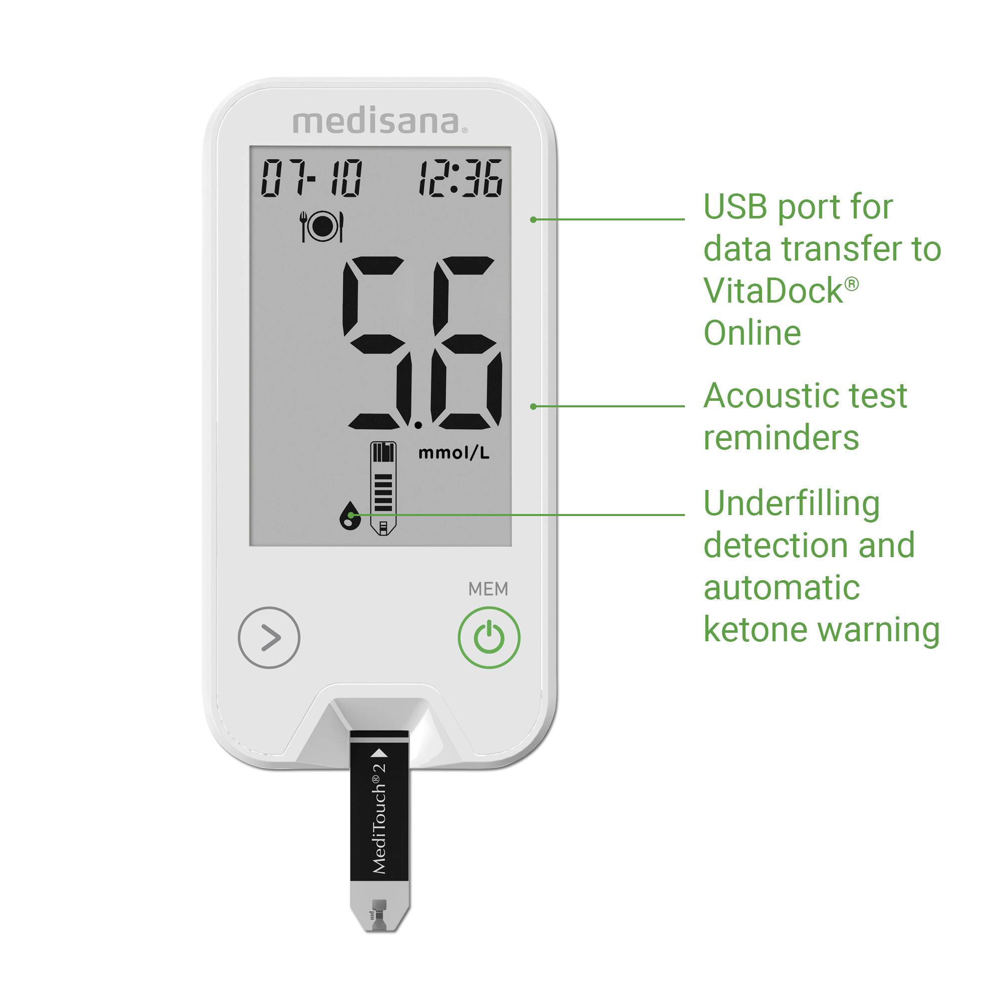 Glucosemeter toont 5,6 mmol/L. Functies: USB-gegevensoverdracht, akoestische herinnering, ondervoedingsdetectie, ketonenwaarschuwing.