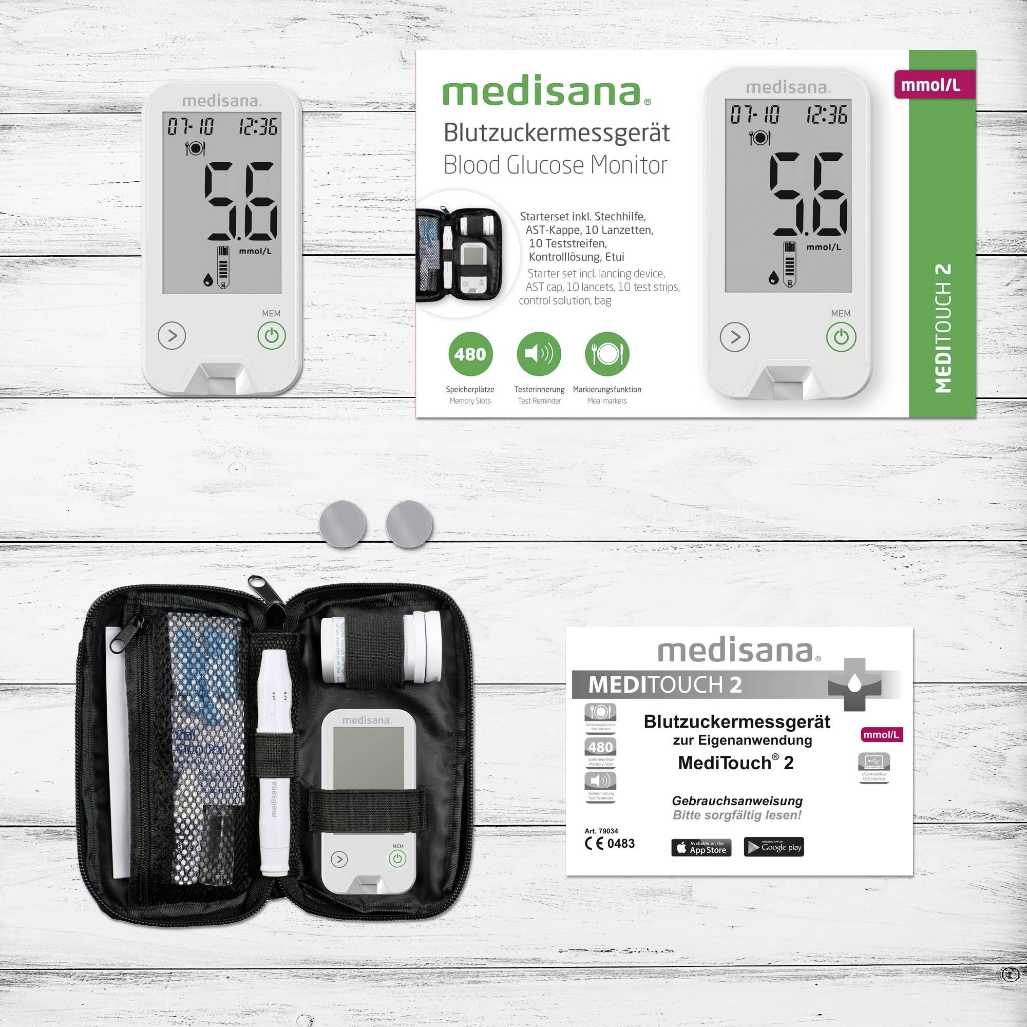 'Medisana' bloedsuikermeter-set met monitor, teststrips, lancetten en etui. Verpakking toont productinformatie en functies in het Duits en Engels.