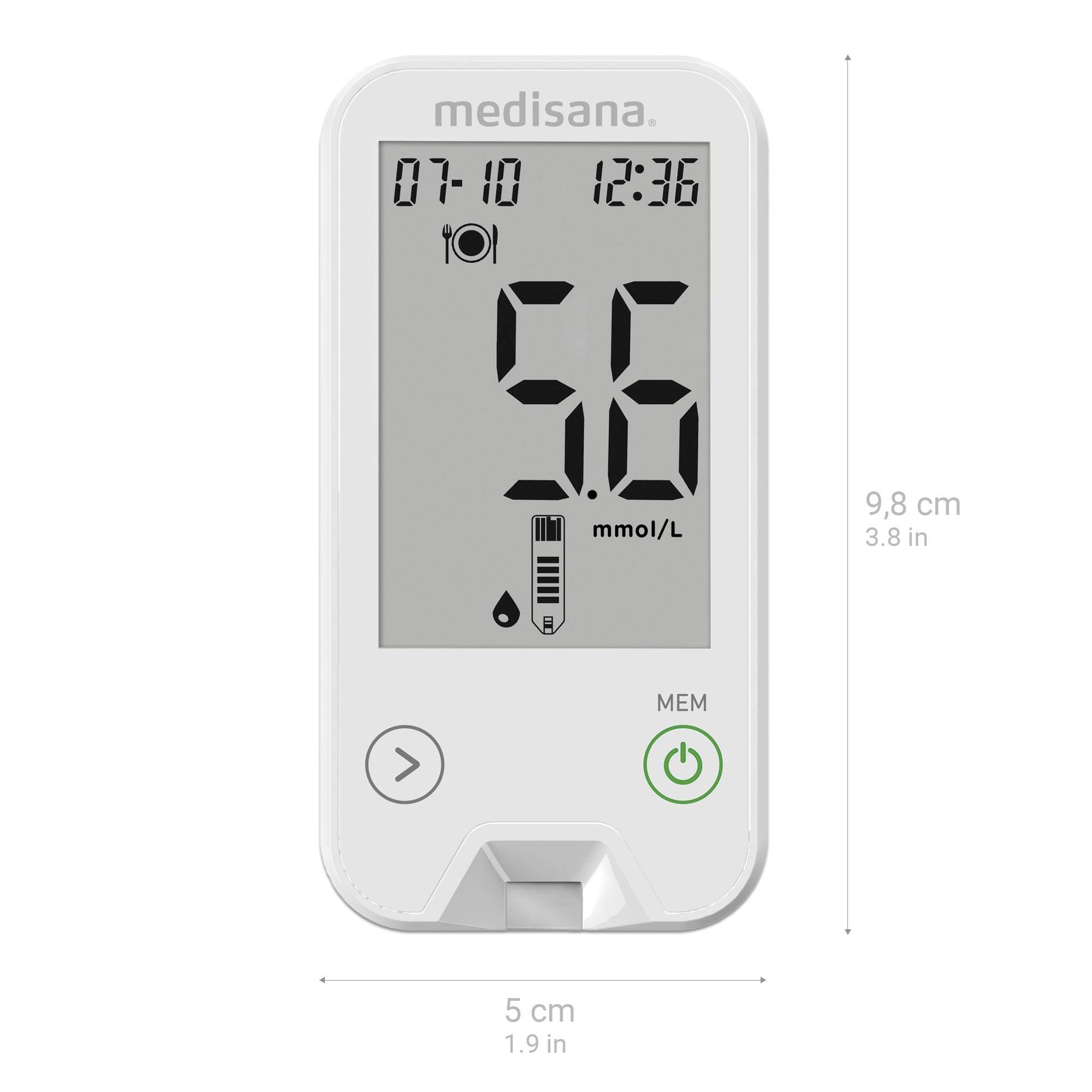 Bloedglucosemeter met groot display toont '5,6 mmol/L'. Symbolen voor tijd, batterijniveau en druppel. Afmeting: 9,8 cm x 5 cm.