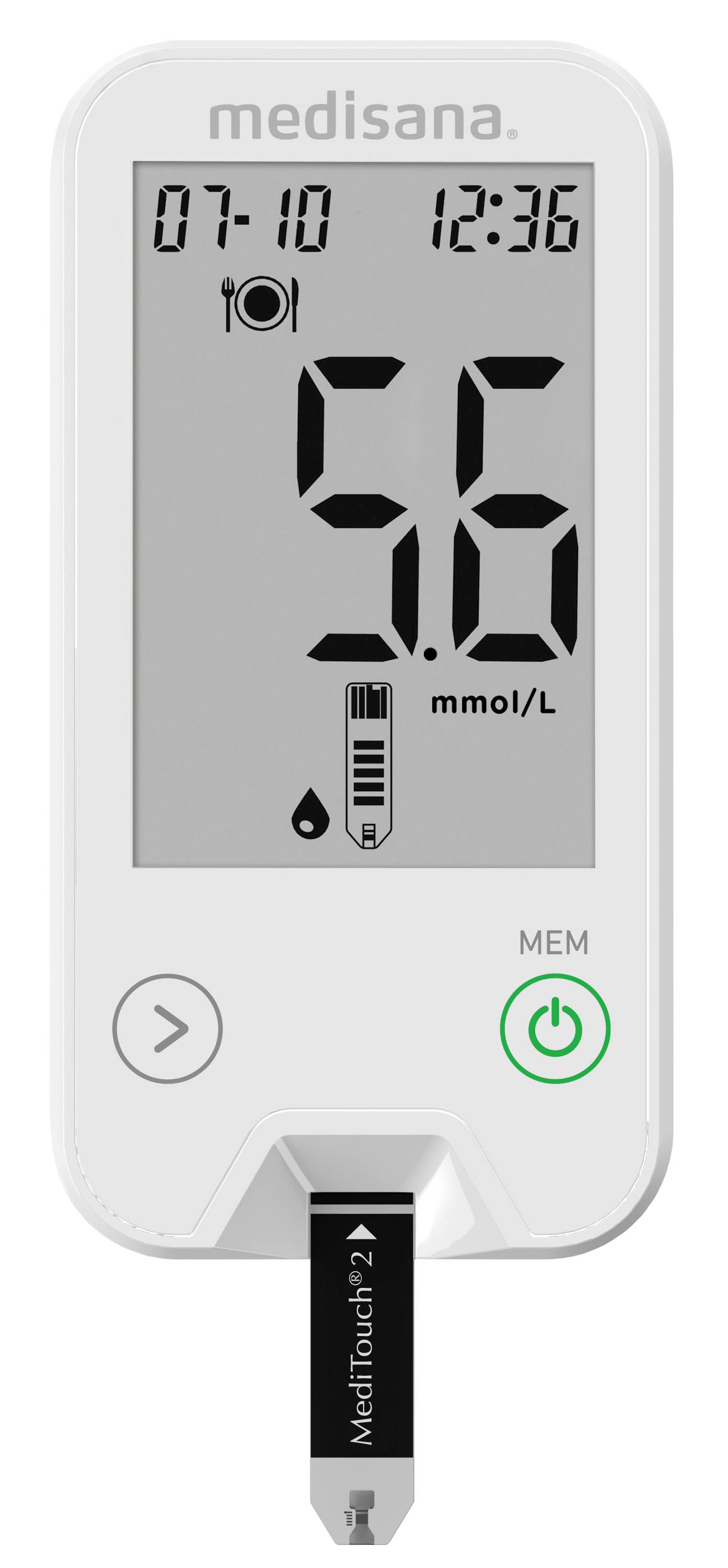 Bloedglucosemeter toont 5,6 mmol/L. Datum is 07-10, tijd 12:36. Maaltijdsymbool en bloeddruppel zichtbaar.