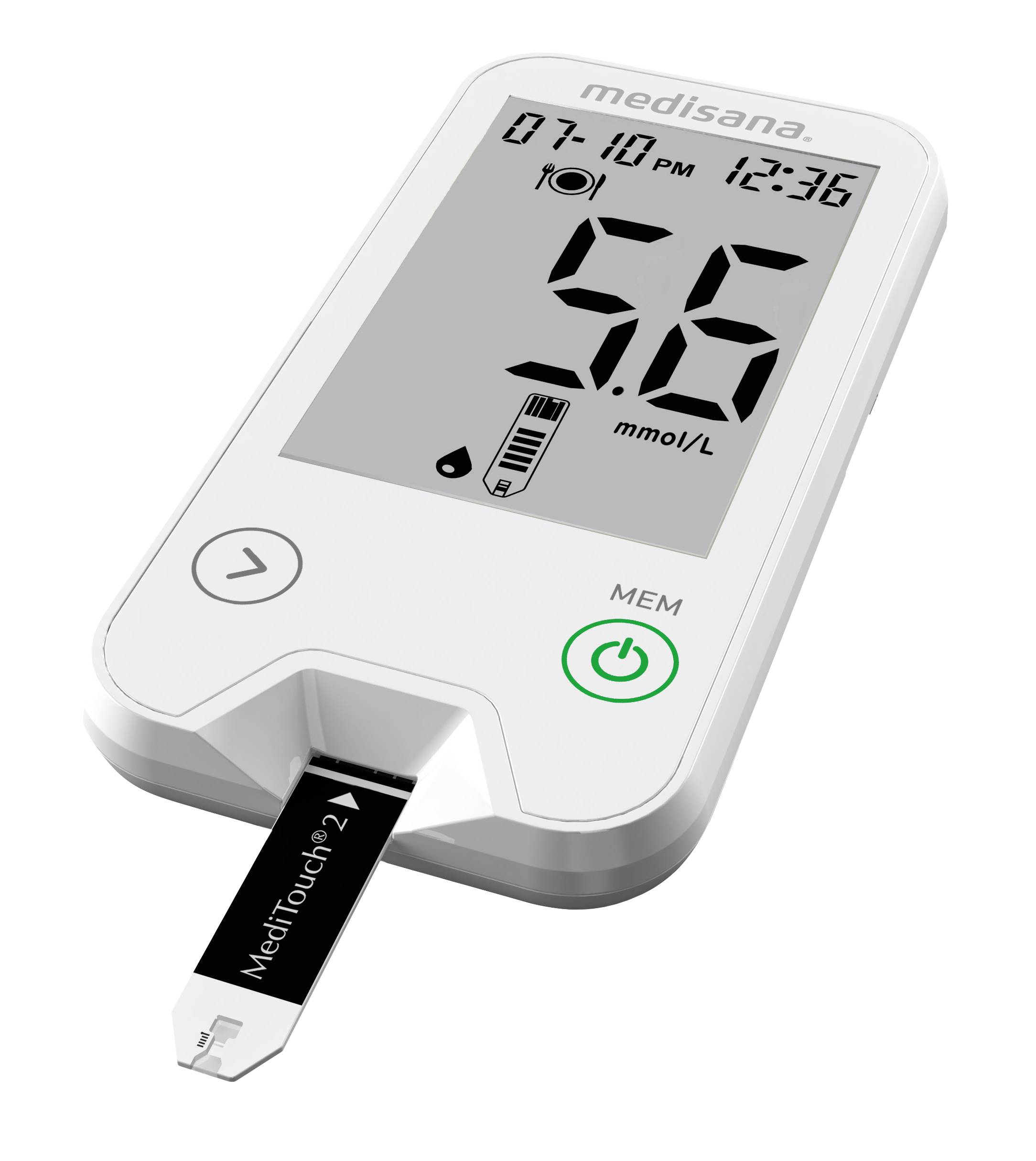 Bloedglucosemeter toont een waarde van 5,6 mmol/L. Bovenaan zijn tijd en datum zichtbaar. Een teststrip is in het apparaat gestoken.