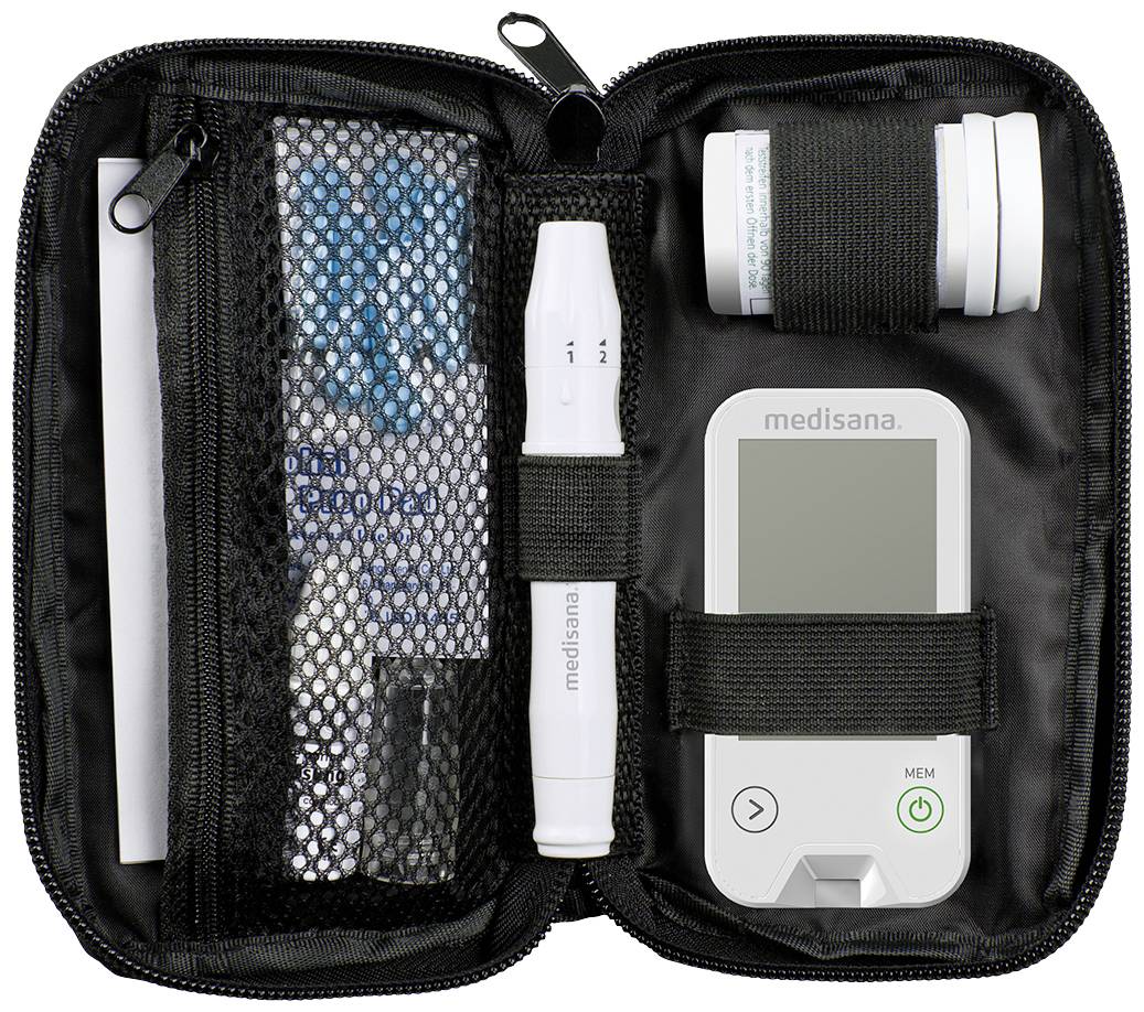 Bloedglucosemeter in een open etui, met teststrips, lancet en het apparaat zelf. Wordt gebruikt voor het monitoren van de bloedsuikerspiegel.