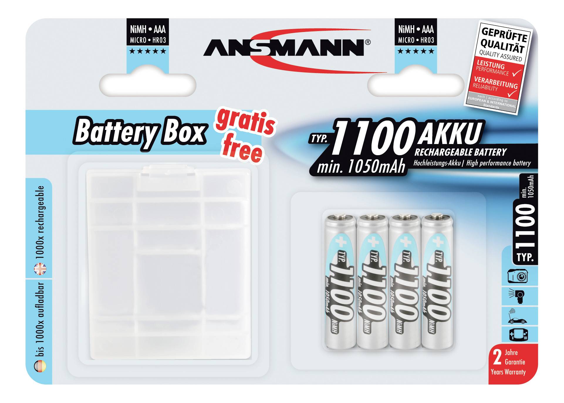 'Ansmann' batterijpakket bevat vier stuks type 1100 oplaadbare batterijen en een gratis batterijdoosje. Geschikt voor apparaten die AAA-batterijen vereisen.