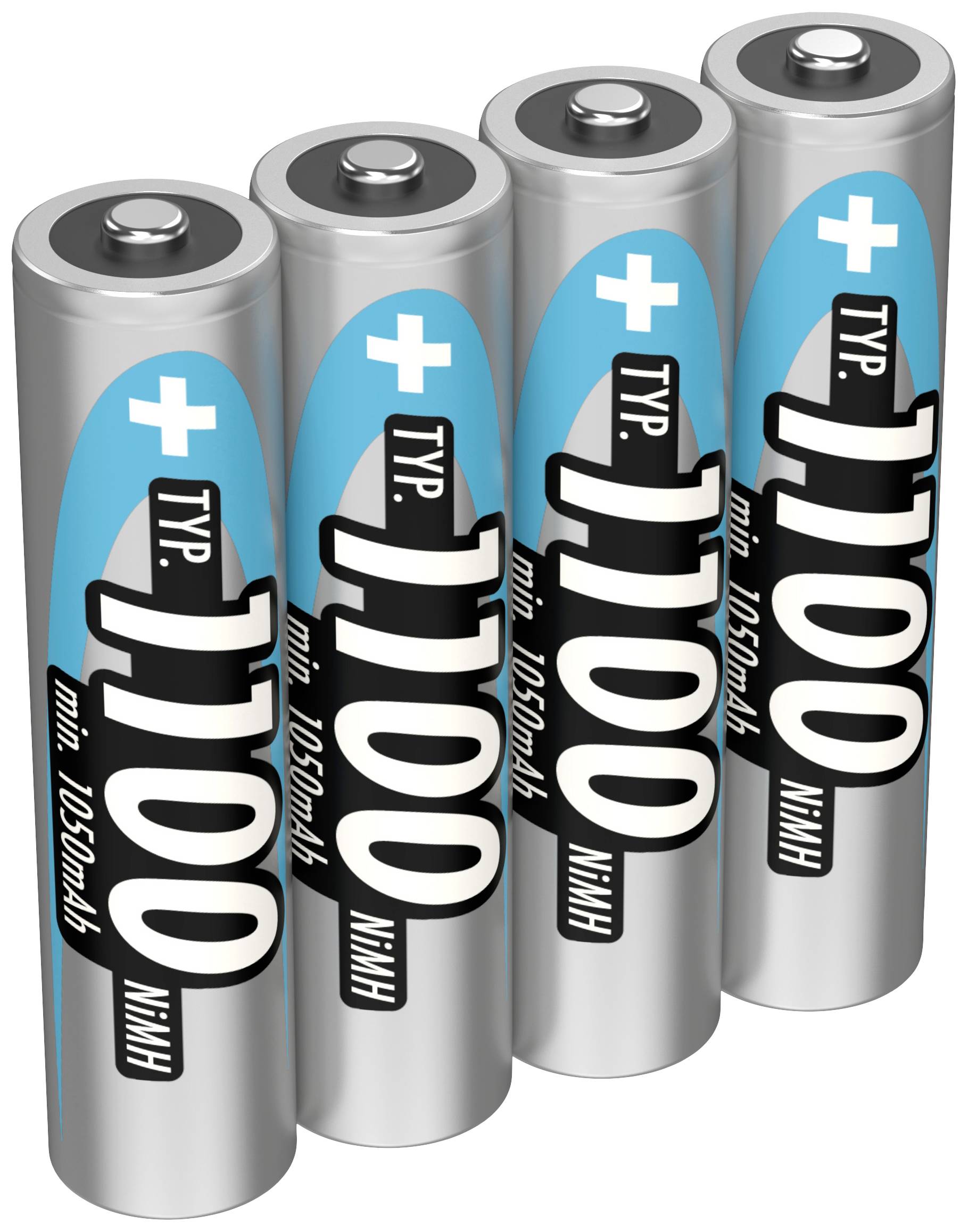 Vier zilveren AA-batterijen met een blauwe markering en de tekst 'Type 1100', gerangschikt in een rij.