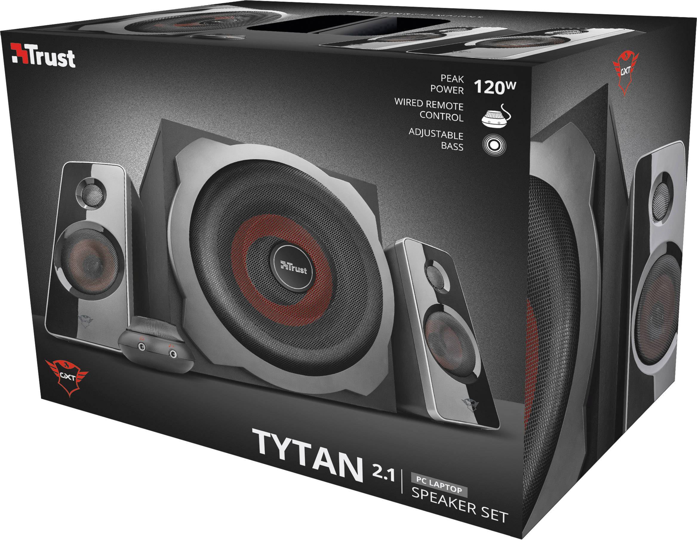 Productverpakking van een 'Trust Tytan 2.1' luidsprekerset met 120W vermogen, bedrade afstandsbediening en basregeling.
