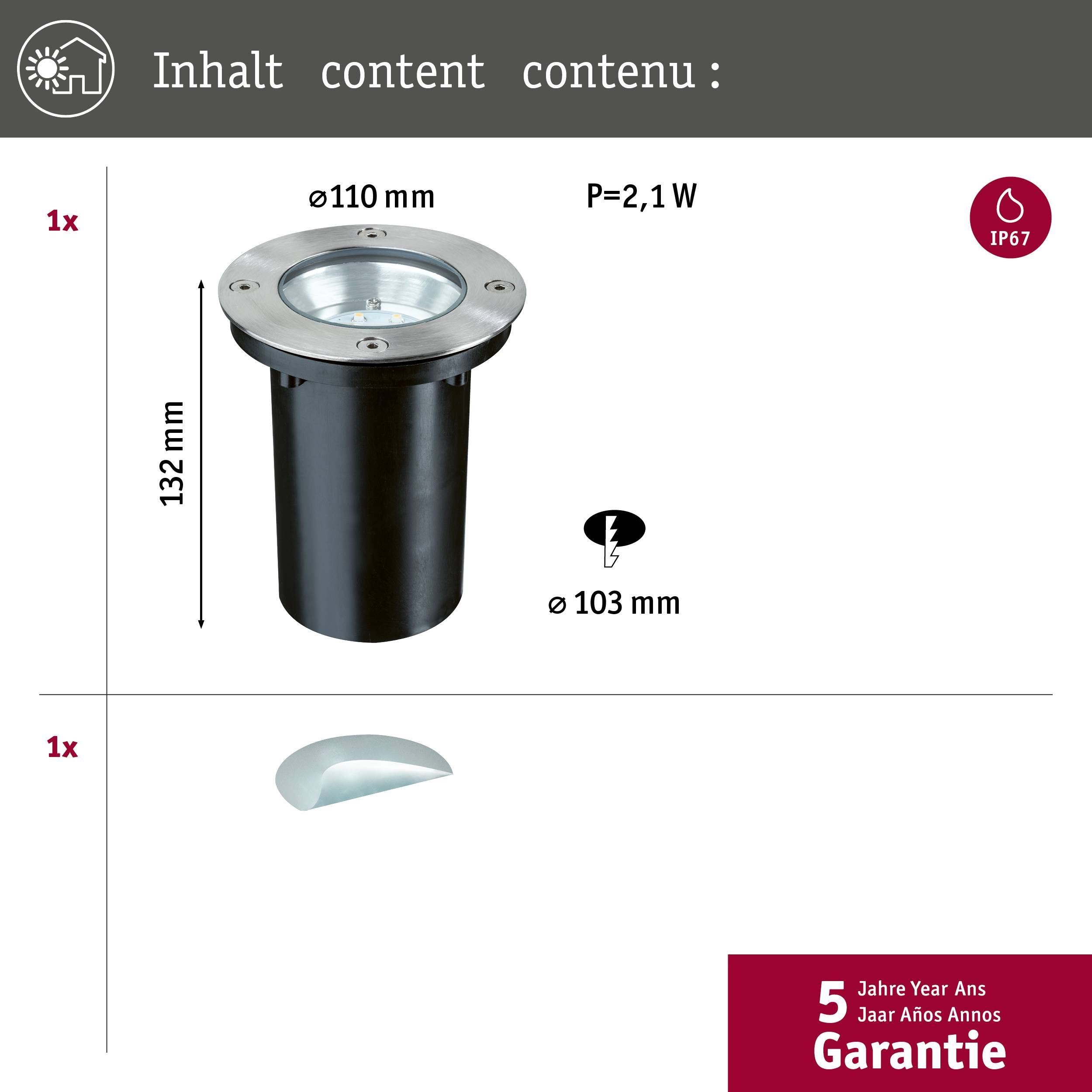'Inbouwverlichting' Afmetingen: Diameter 110 mm, hoogte 132 mm. Vermogen: 2,1 W, beschermingsgraad IP67. Garantie: 5 jaar.