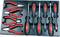 'Set van rode tangen en schroevendraaiers in een zwarte kunststof doos, gerangschikt in twee rijen. Gereedschapsset voor reparaties.'