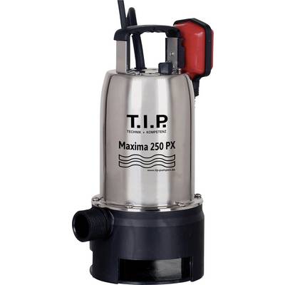 Een zilveren waterpomp van het merk T.I.P. Maxima 250 PX met een zwarte uitlaat en een rode handgreep, geschikt voor afvalwater.
