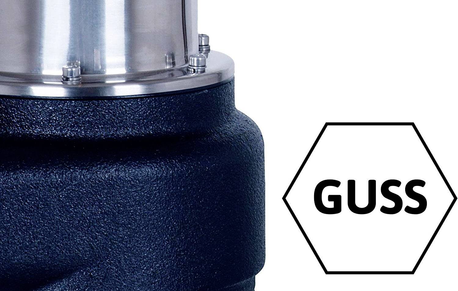 Een deel van een metalen apparaat, gecombineerd met een zwarte zeshoek aan de rechterkant met het opschrift 'GUSS'.