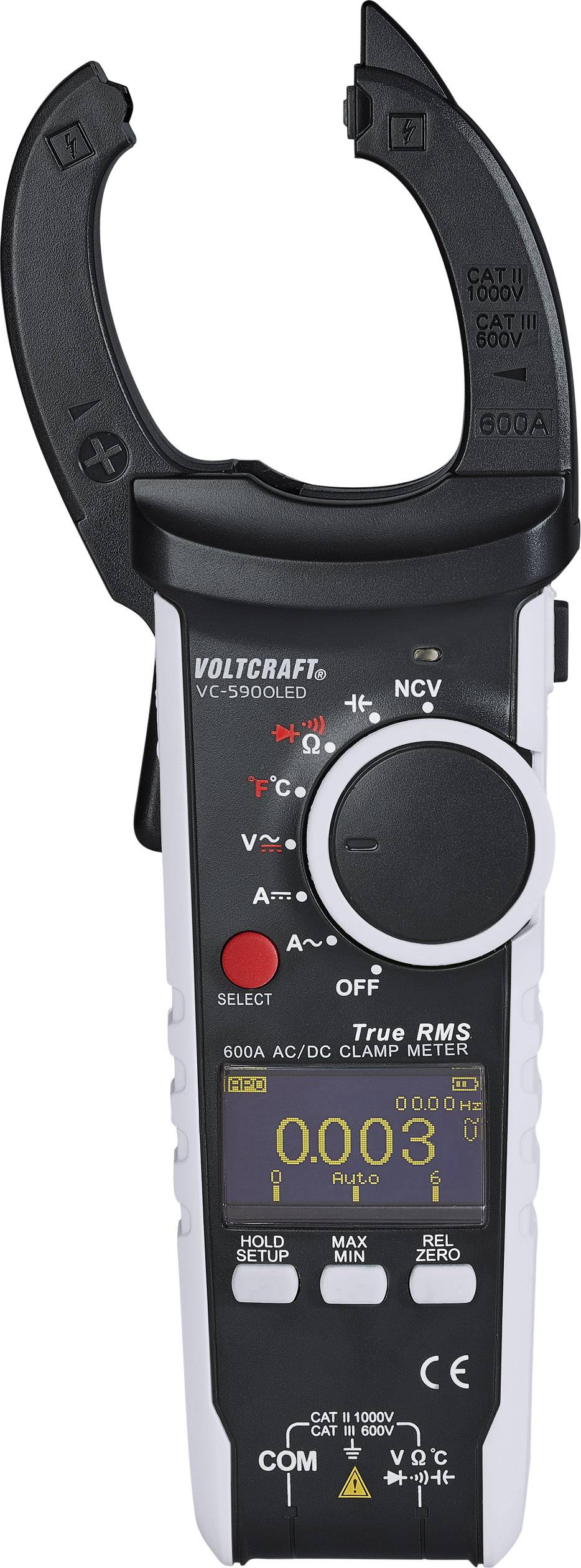 Een digitale stroomtang-multimeter met groot display en afneembare tangbekken, geschikt voor nauwkeurige metingen van spanning en stroom.