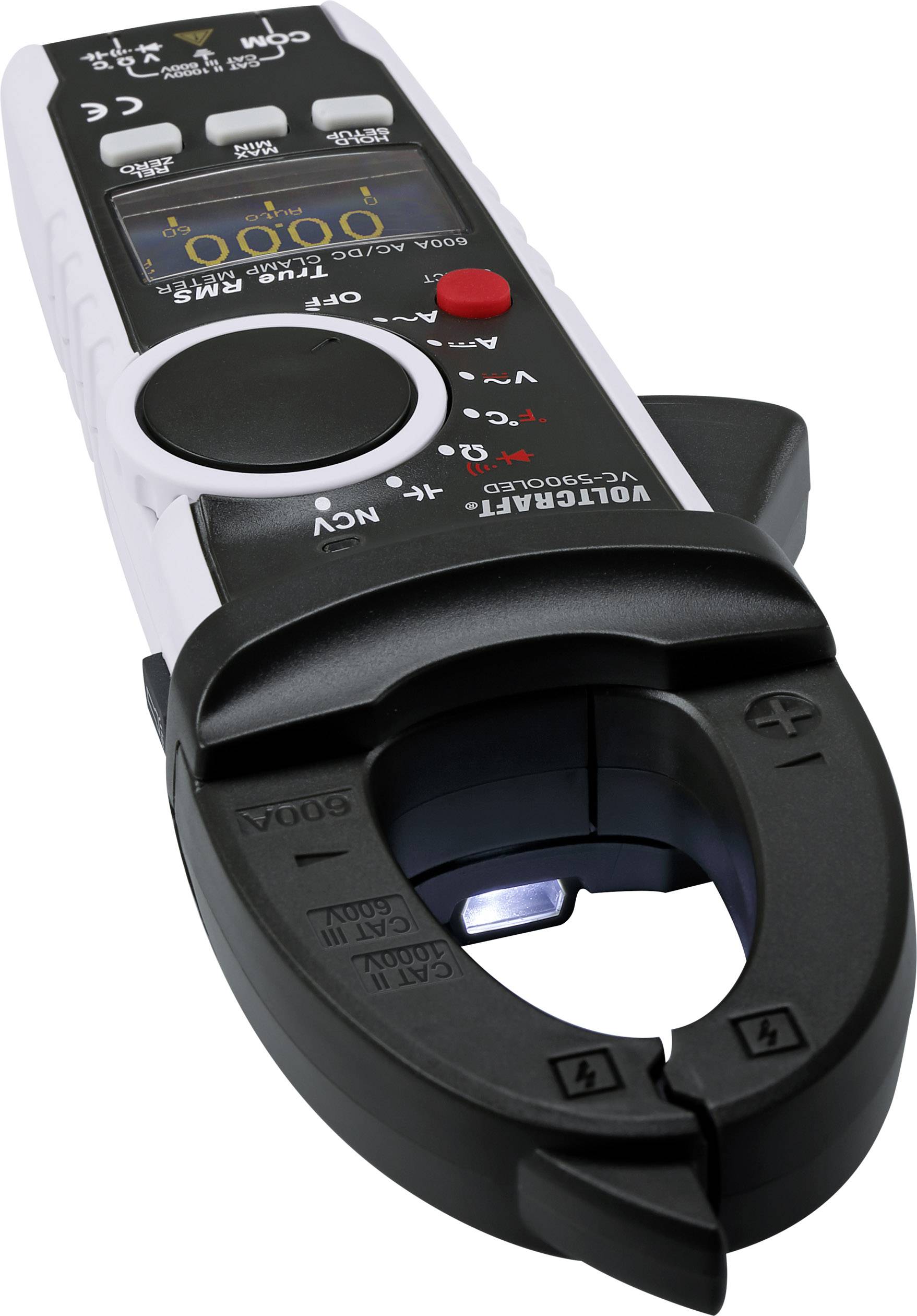 Multimeter met tangmeetinstrument voor het meten van elektrische stromen, spanning en weerstand, met digitaal display en bedieningselementen.