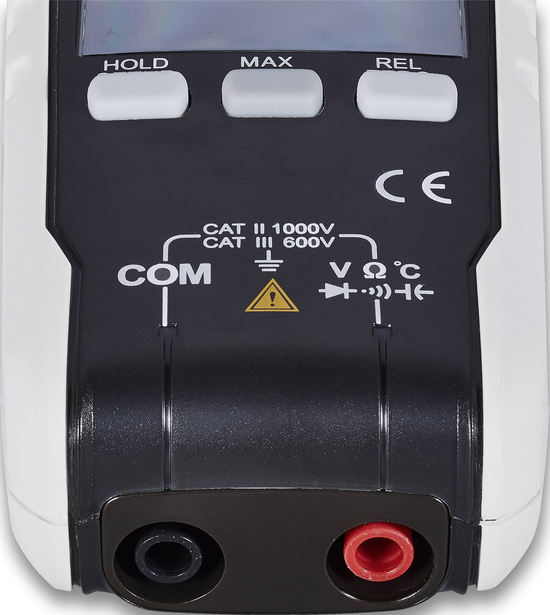 Digitale multimeter, voorzijde met twee aansluitbussen: zwart (COM) en rood (V Ω °C). Bovenaan bedieningsknoppen en CAT II 1000V/CAT I 600V markering.