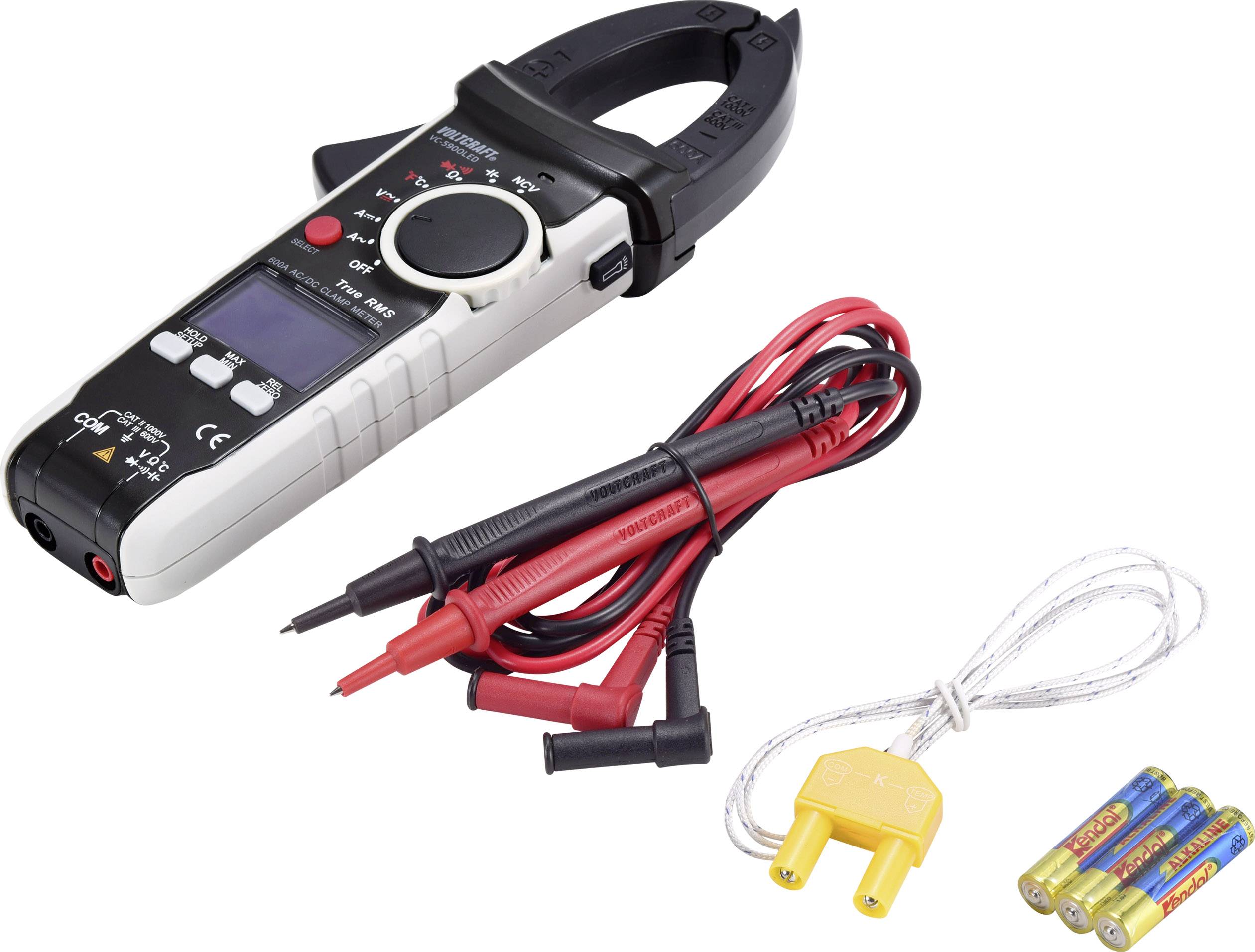 Een digitaal multimeter met krokodillenklemmen, meetkabels, een adapter en batterijen. Ideaal voor het meten van elektrische stromen en spanningen.
