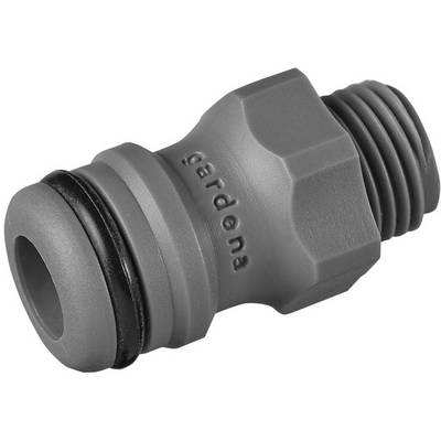 Een grijze kunststof slangadapter met schroefdraad en afdichting, gebruikt voor het verbinden van tuinslangen.