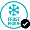 Een blauw sneeuwvloksymbool met de tekst 'VORSTBESTENDIG' en een vinkje in een zwarte cirkel onderaan rechts.