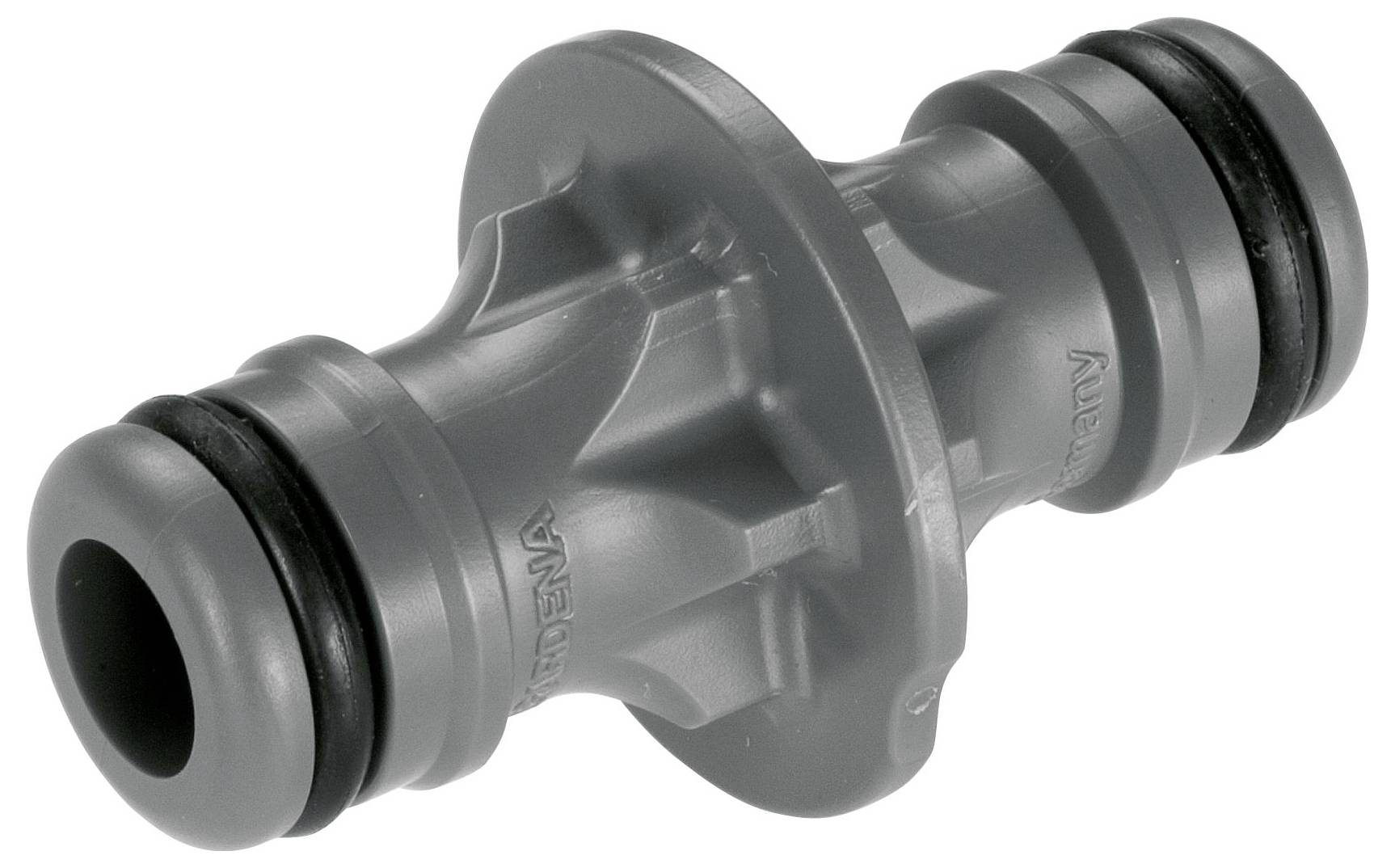 Grijze kunststof adapter met twee O-ringen aan de uiteinden, gebruikt voor het aansluiten van slangen in irrigatiesystemen.