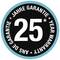 '25 jaar garantie' in een cirkel, omringd door tekst in meerdere talen.