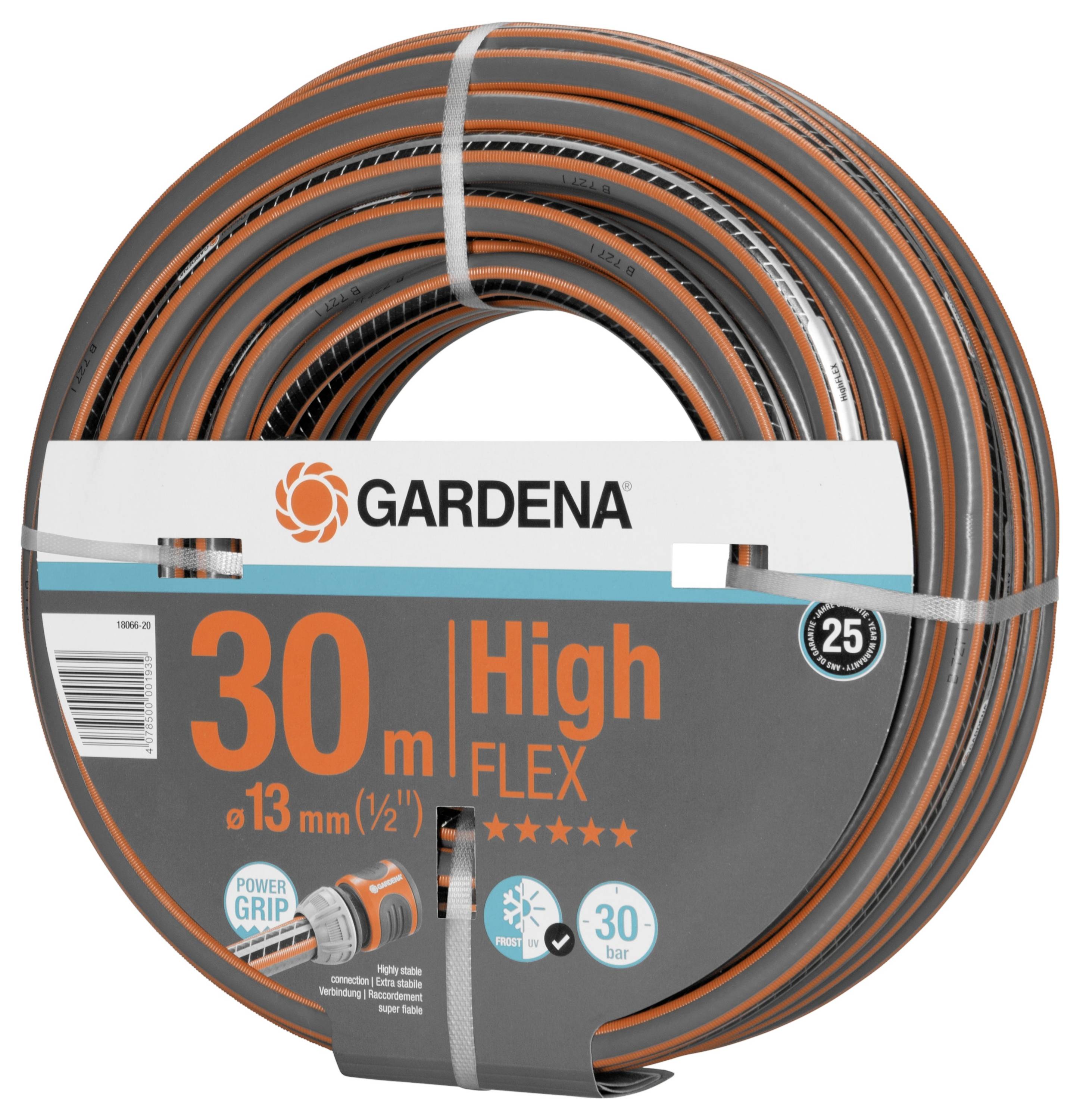 Een Gardena tuinslangverpakking toont een 30 meter lange High-Flex-slang met Power-Grip-technologie en 25 jaar garantie.