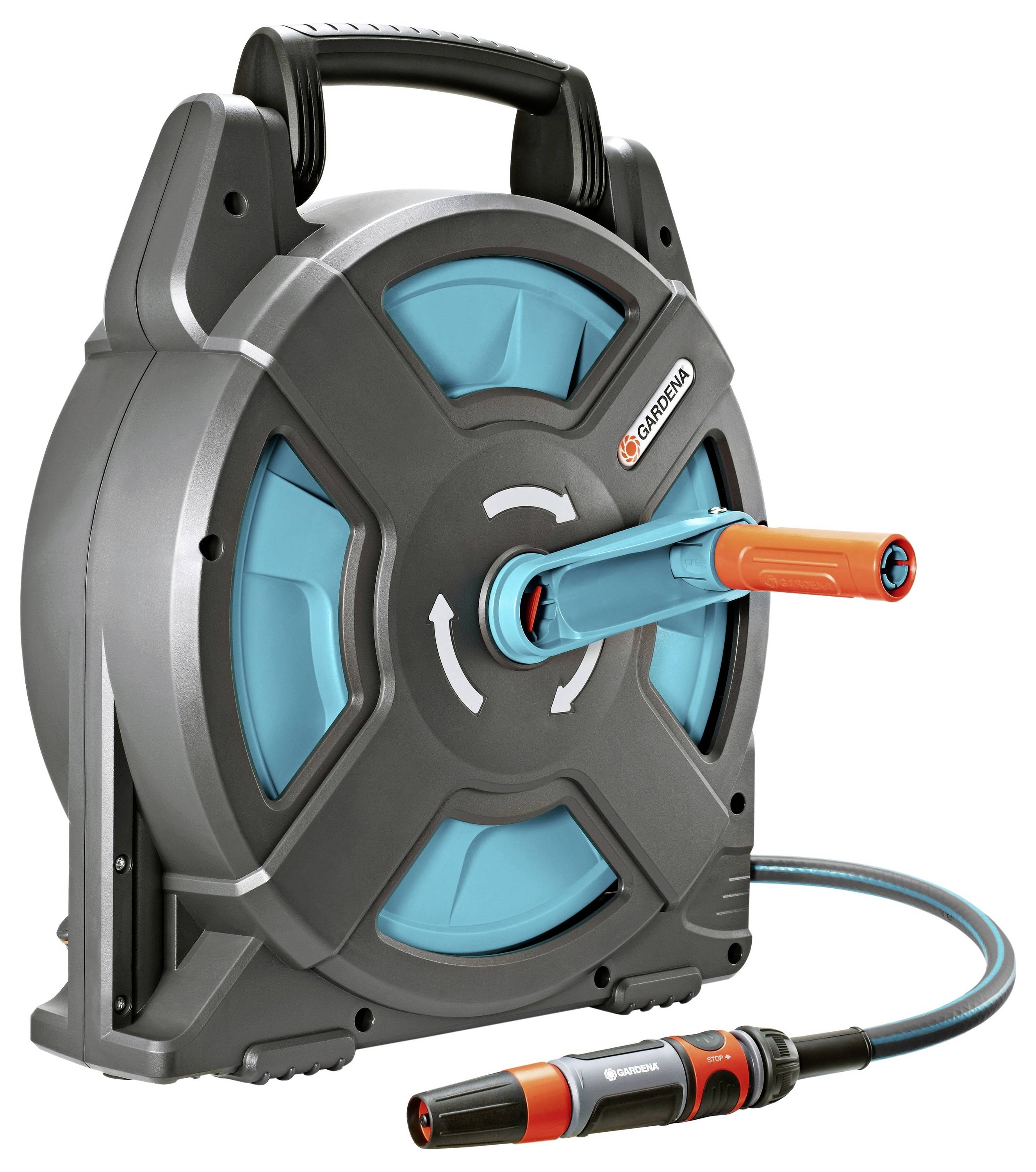 Gardena slangoproller met handslinger, compact, blauw-oranje, voor het opbergen van tuinslangen. Ideaal voor tuinwerkzaamheden.