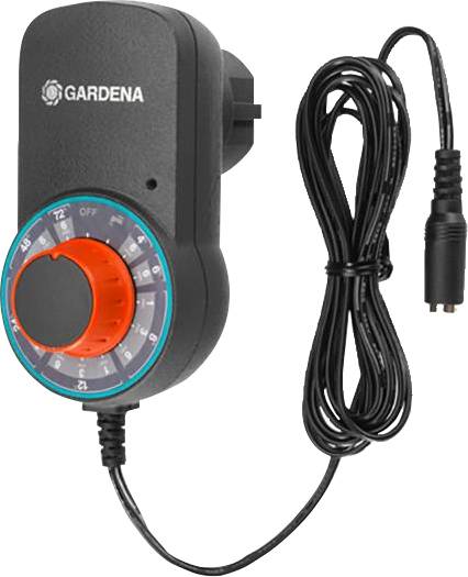 Elektronische GARDENA tijdschakelklok met draaiknop en kabel. Maakt tijdgestuurde bediening van tuinbesproeiingssystemen mogelijk.