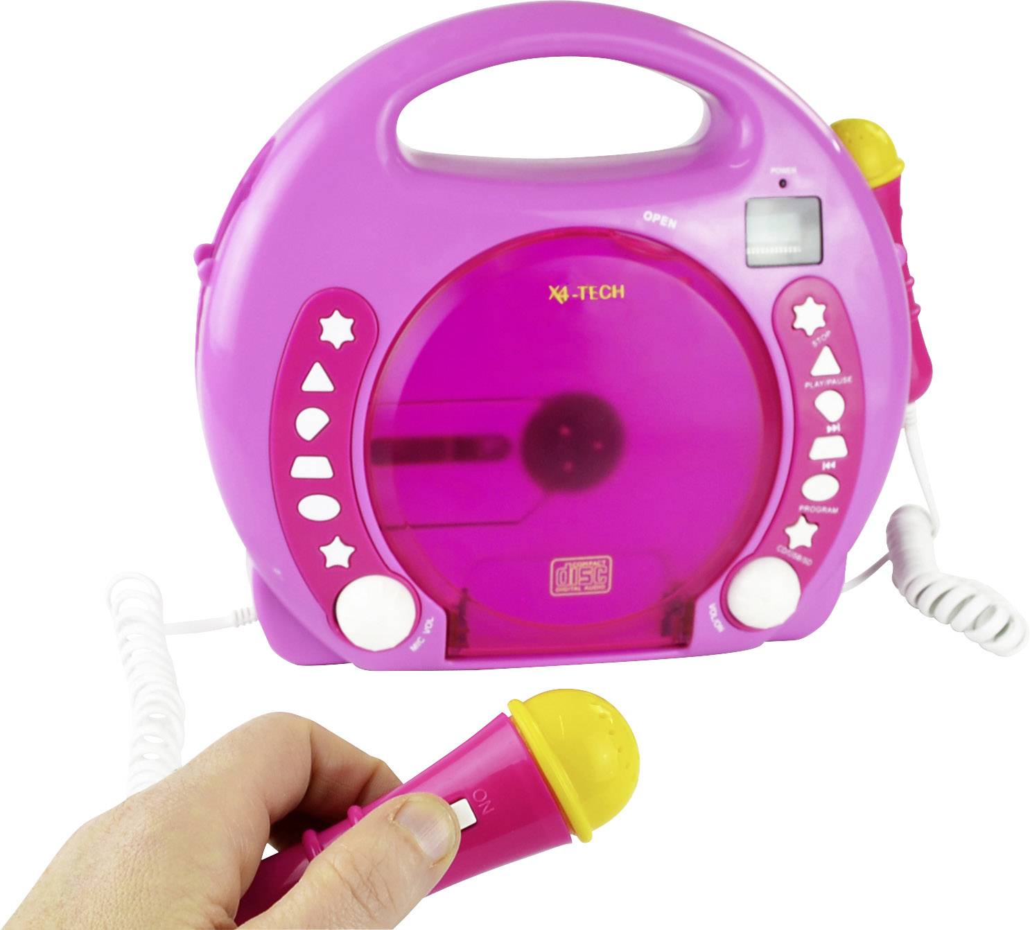 Een roze kinderkaraoke-apparaat met ingebouwde cd-speler en een wit microfoon. Bedieningspaneel met symbolen en knoppen aan de voorkant.