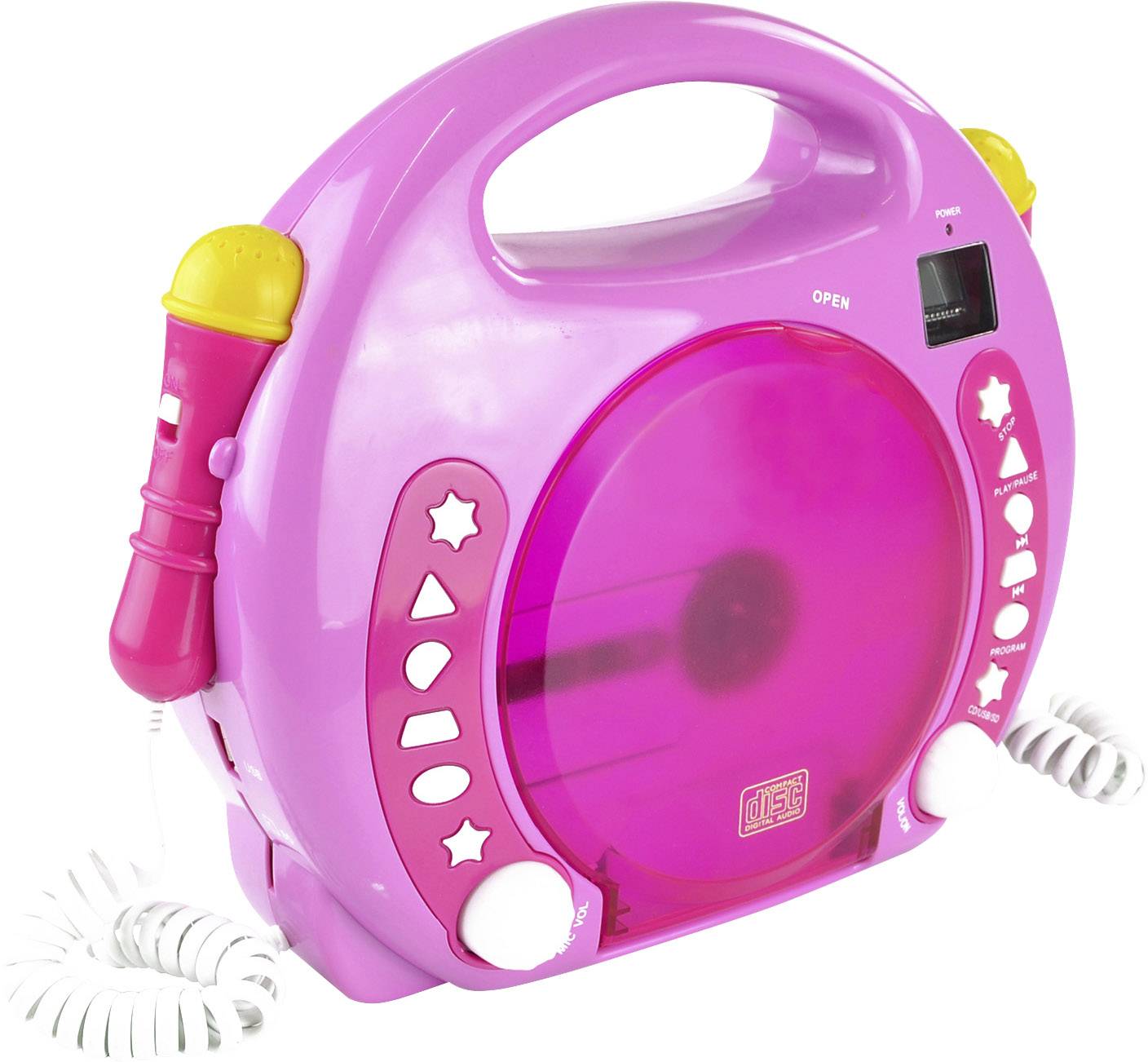 Een roze cd-speler voor kinderen in de vorm van een tas met twee gele microfoons en verschillende knoppen om de muziek te bedienen.