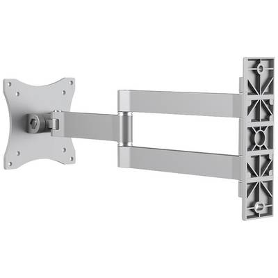 Een zilveren tv-wandsteun met zwenkbare arm en VESA-boormaat toont de mogelijkheid voor flexibele schermbevestiging.
