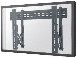 Montageklem voor een beeldscherm die een stabiele en flexibele bevestiging mogelijk maakt. Verticale en horizontale rails zichtbaar.