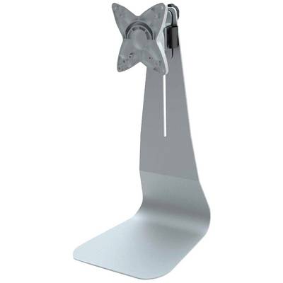 Een zilveren metalen monitorstandaard met VESA-bevestiging, geschikt voor het monteren van beeldschermen.