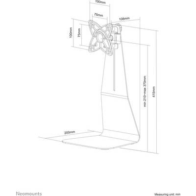 Technische tekening van een beugel met afmetingen. Hoofdafmetingen: hoogte 415 mm, breedte 75 mm, diepte 200 mm. Geschikt voor beeldschermbevestiging.