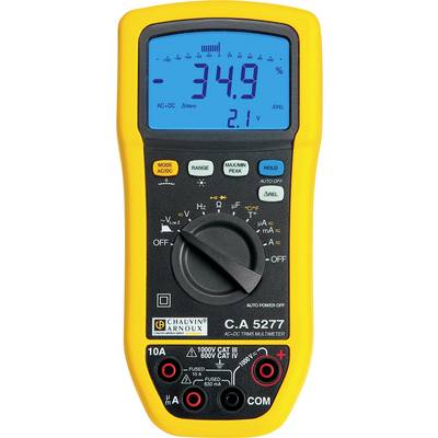 Digitale multimeter met een gele behuizing toont '34.9' op een blauw display. Draaikeuzeschakelaar in het midden, verschillende aansluitingen onderaan.