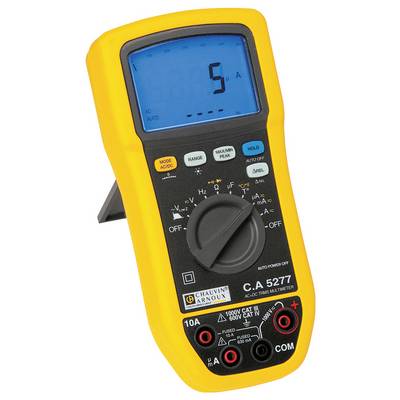 Geel digitaal multimeter met groot display, waarop '5 A' wordt weergegeven. Apparaat toont meetbereiken en functie-instellingen.