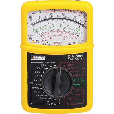 Analoog multimeter, geel-zwart, met weergaven voor spanning, stroom en weerstand. Schakelaar voor meetbereikkeuze.