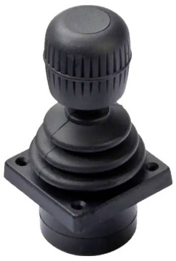 Zwarte joystick controller met geribbelde grip en vierkante montagebasis op een witte achtergrond.