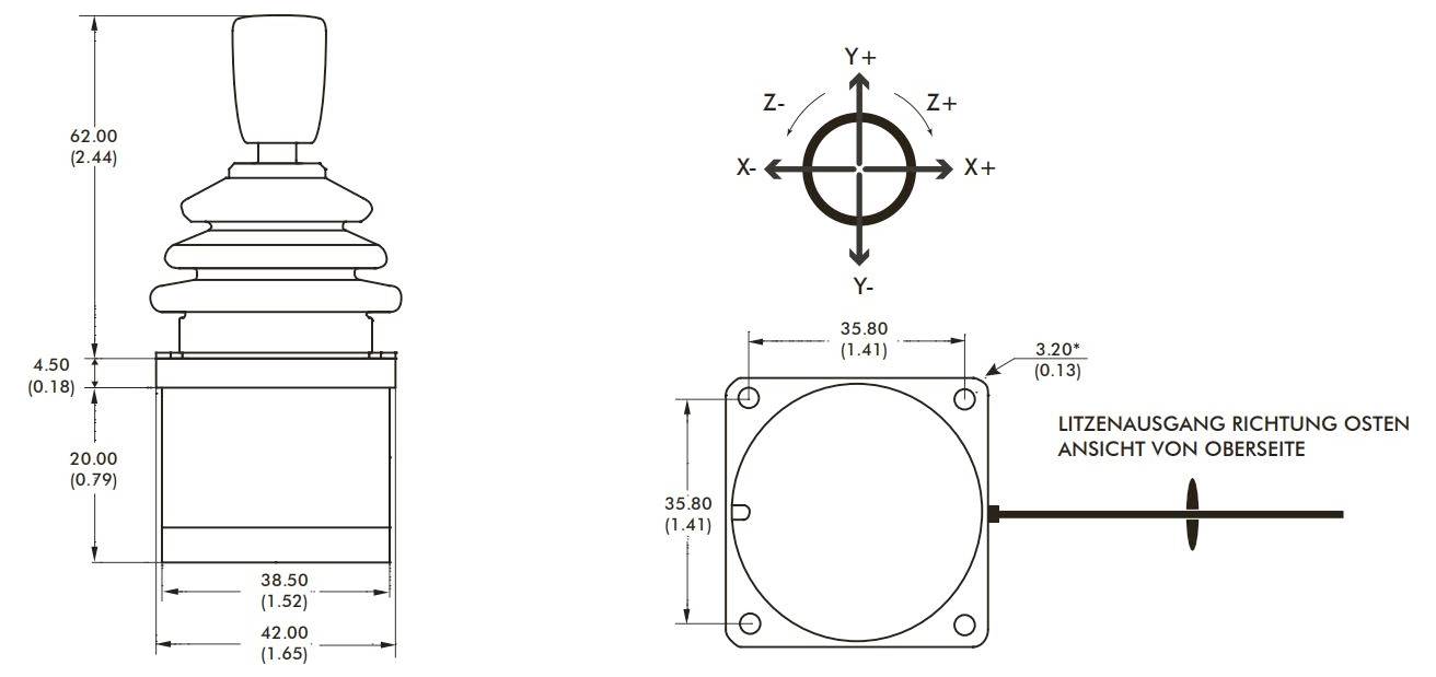 Technische tekening van een schakelaar/bedieningselement met zij- en bovenaanzicht, maataanduidingen in cm/inch alsmede asmarkering X/Y/Z en opmerking 'DRAADUITGANG RICHTING OOSTEN'.