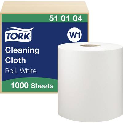 Een rol witte reinigingsdoeken van Tork met 1000 vellen, productnummer 51 01 04 en categorie W1, weergegeven op een verpakking.