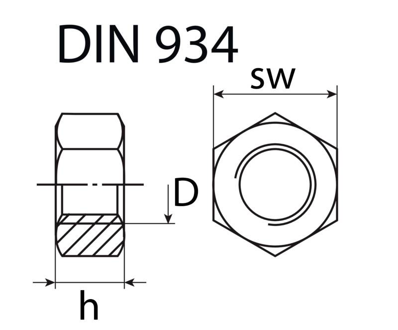 Diagram van een zeskantmoer gelabeld 'DIN 934' met zij- en bovenaanzicht; afmetingen omvatten hoogte (h), diameter (D) en sleutelwijdte (sw).