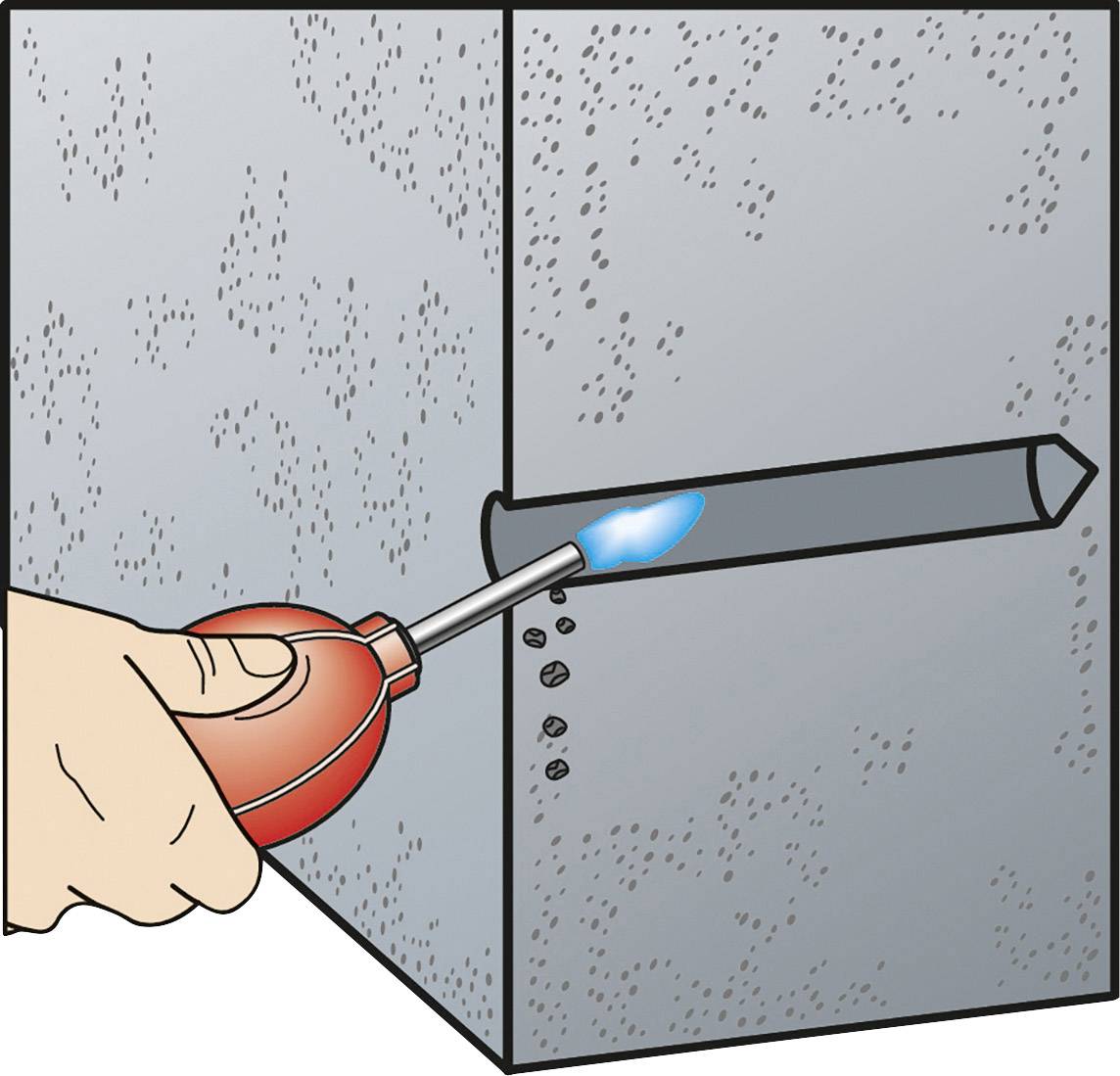 Menselijke hand met een brander verhit een metalen staaf die uit een muur steekt om het metaal te vormen of te lassen.