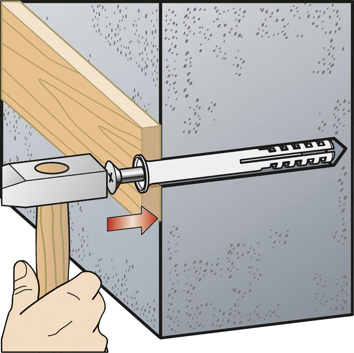 Een hand slaat met een hamer een spijker in een plug die in een betonnen muur zit. Een houten plank wordt aan de muur bevestigd.