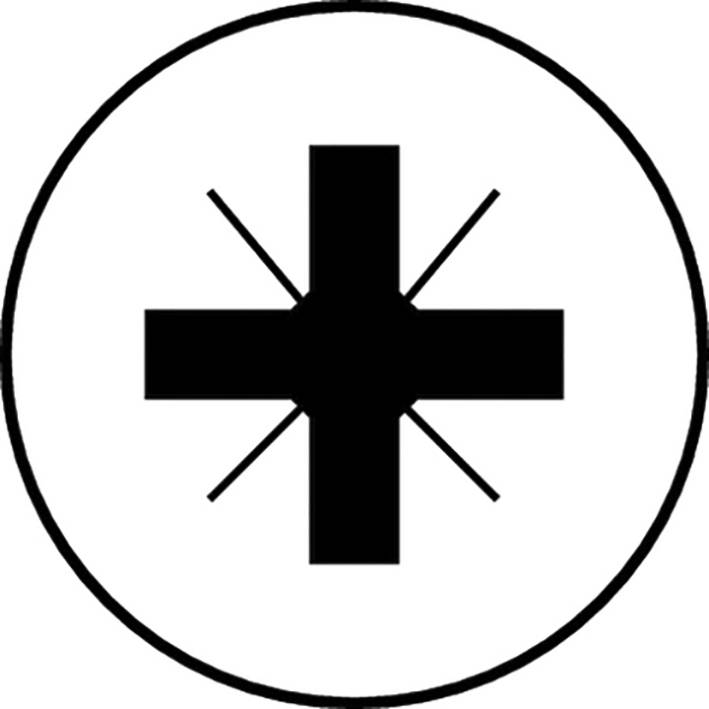 Een zwart kruis in een cirkel met acht radiale lijnen die uitgaan van de uiteinden van het kruis. Symmetrisch ontwerp op een witte achtergrond.