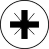 Een zwart kruis met vier diagonale stralen in een cirkel op een witte achtergrond.