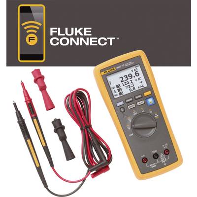 Een meettoestel met display toont '239,6 V AC', vergezeld van rode en zwarte meetleidingen met krokodillenklemmen, onder het logo 'Fluke Connect'.