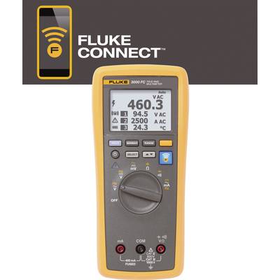 Een digitale multimeter toont metingen van spanning, stroomsterkte en frequentie. Linksboven staat 'Fluke Connect'.