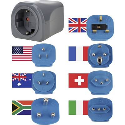 Universele reisstransformator met blauwe stekkerkoppen afgebeeld naast landsvlaggen voor het Verenigd Koninkrijk, Verenigde Staten, Frankrijk, Australië, Zuid-Afrika, Zwitserland en Italië.