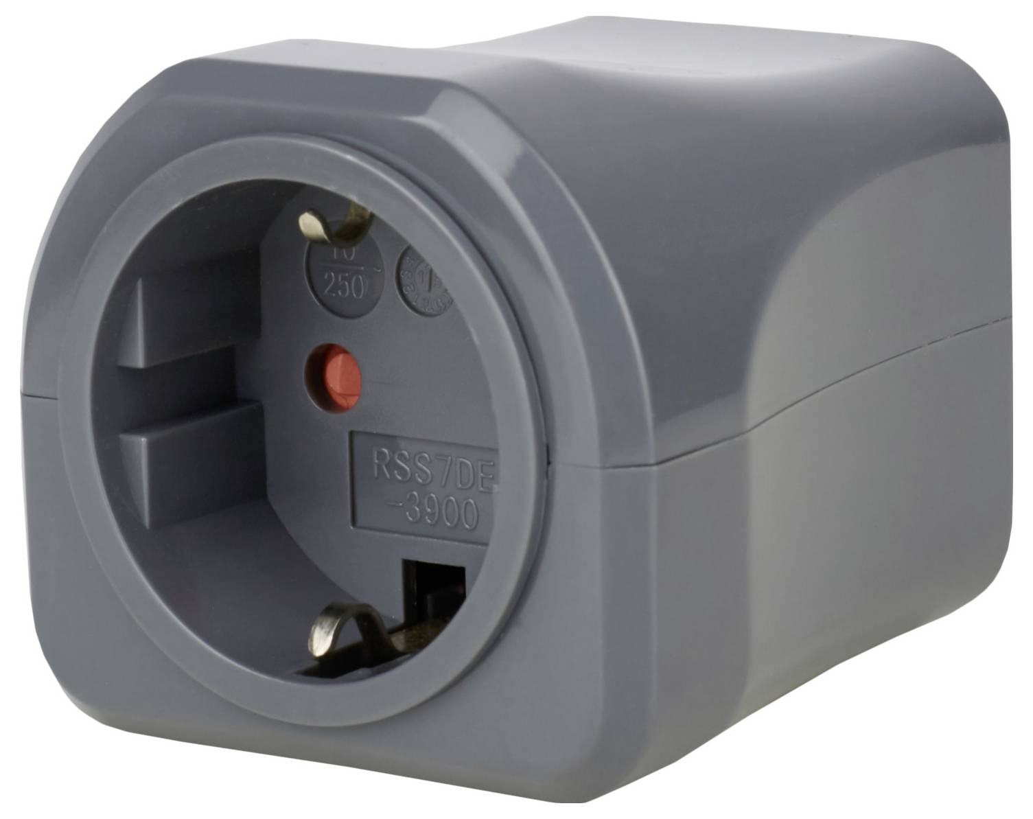 Grijze elektrische stekkeradapter met een cirkelvormige ingezonken contactdoos en zichtbare metalen contacten op een witte achtergrond.
