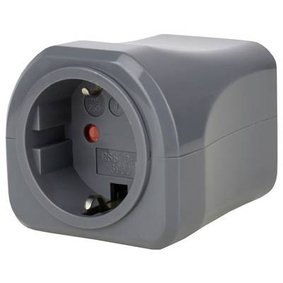 Grijze elektrische stekkeradapter met een cirkelvormige ingezonken contactdoos en zichtbare metalen contacten op een witte achtergrond.