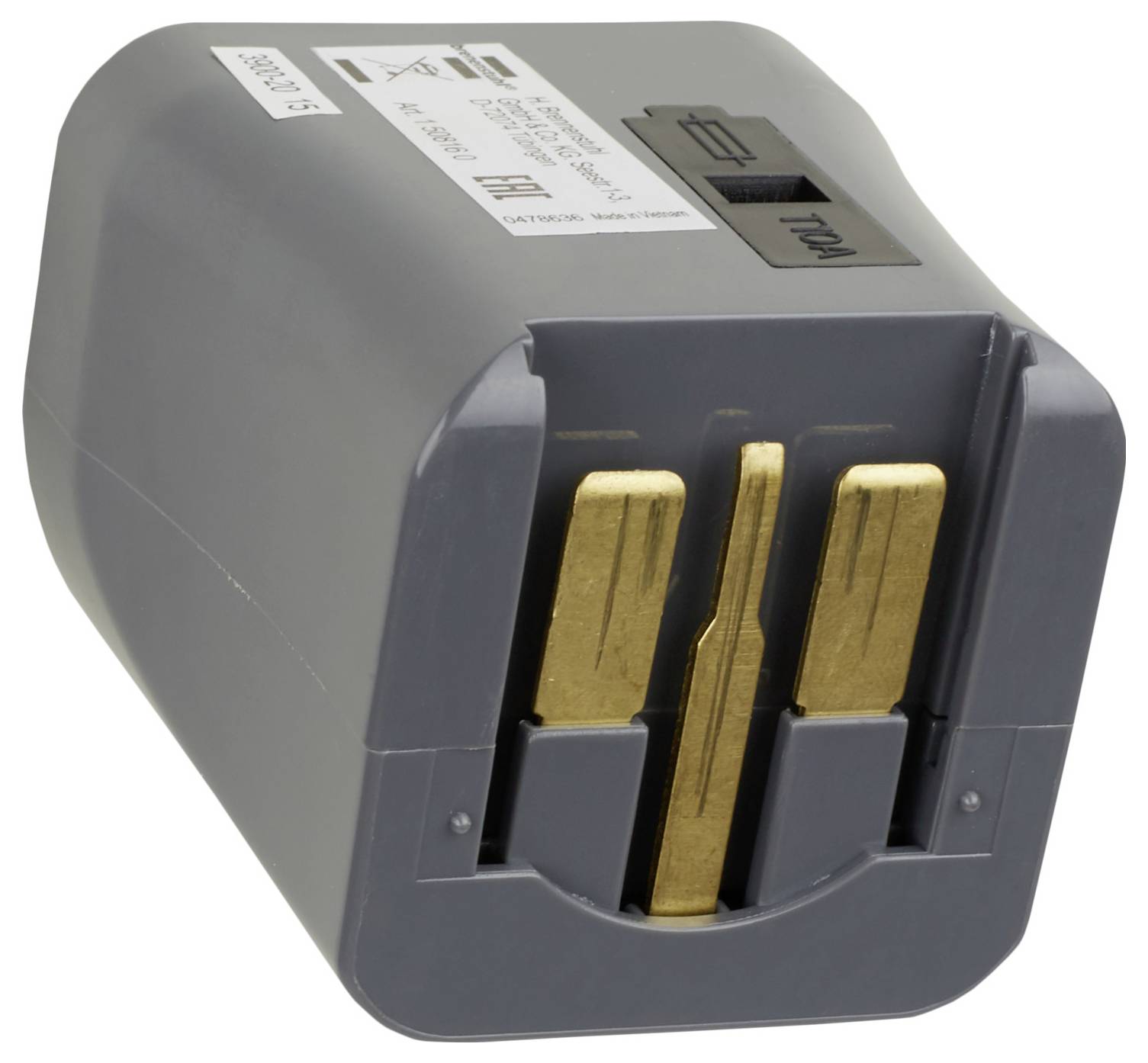 Close-up van een grijze batterijenpack met drie goudkleurige aansluitingsklemmen aan de voorkant en productlabels bovenaan, tegen een witte achtergrond weergegeven.