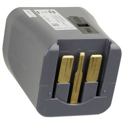 Close-up van een grijze batterijenpack met drie goudkleurige aansluitingsklemmen aan de voorkant en productlabels bovenaan, tegen een witte achtergrond weergegeven.