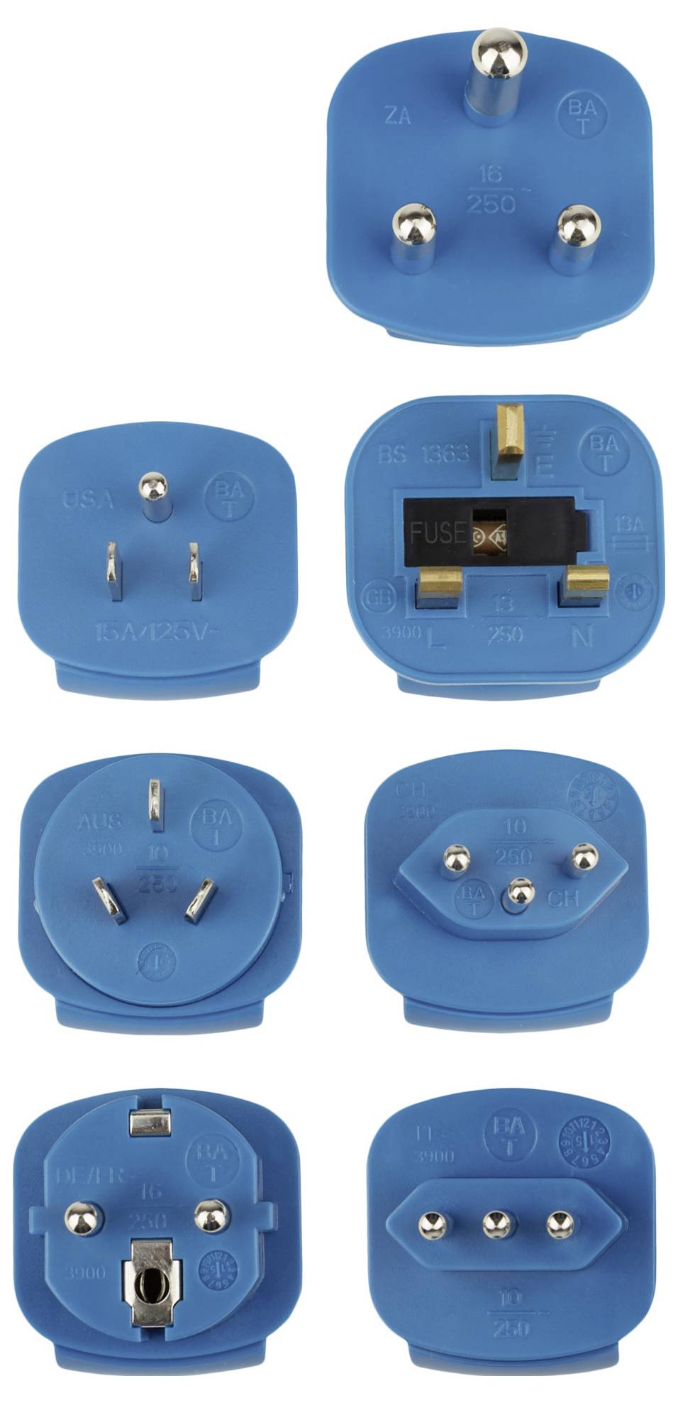Collage van blauwe uitwisselbare elektrische adapter-stekkerkoppen met verschillende metalen pennen voor verschillende landen, weergegeven in vooraanzicht op een witte achtergrond.